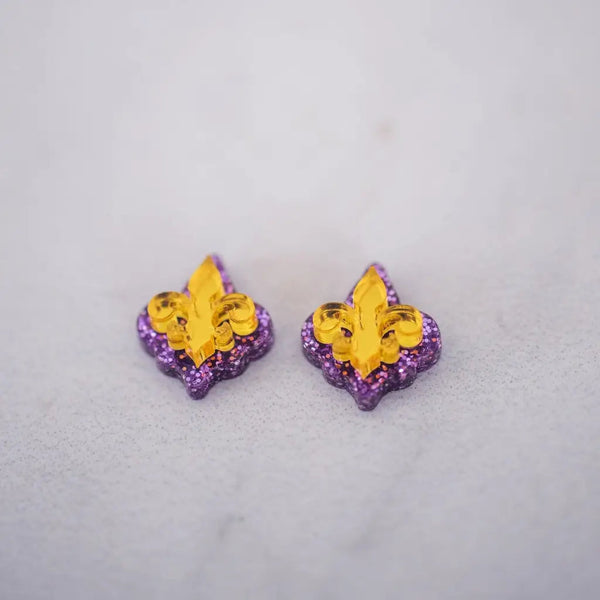 Purple & Gold Fleur De Lis Studs - Earrings