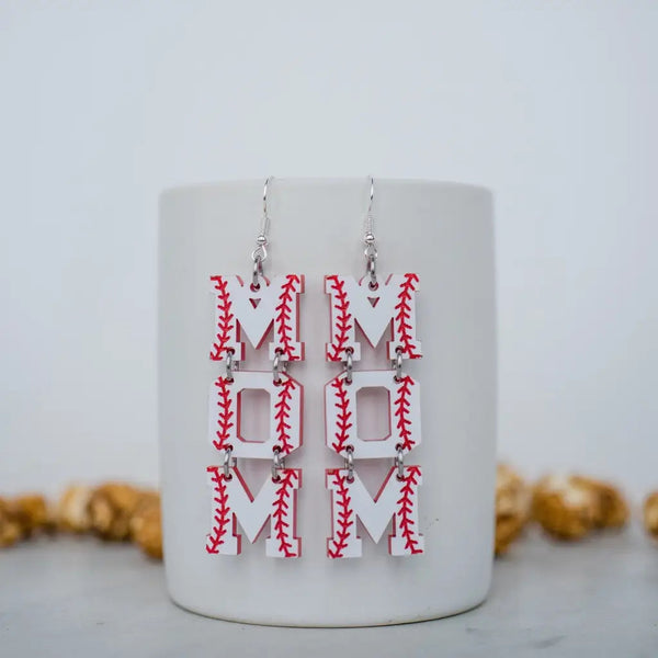 Red & White Baseball Mom Letter Dangles - Earrings