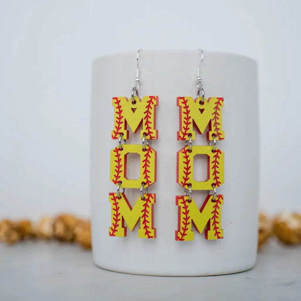 Yellow & Red Softball Mom Letter Dangles - Earrings