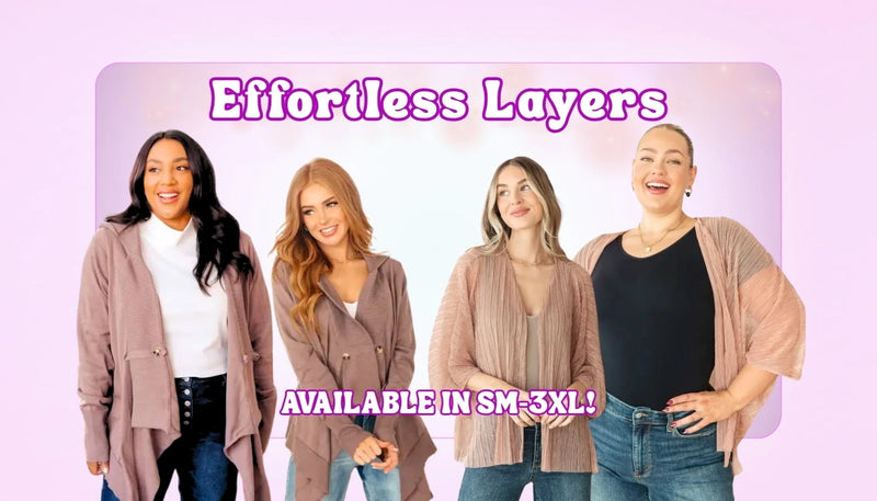 Effortless Layers collection at Sweet Roo Bou featuring boutique cardigans, kimonos, and vests in fun prints, detailed neutrals or cozy textures. Available in SM–3XL.