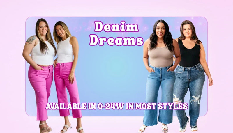 Denim Dreams collection at Sweet Roo Bou featuring boutique jeans in flattering, stretchy fits. Available in sizes 0–24W — the Sweet Roo Bou way.