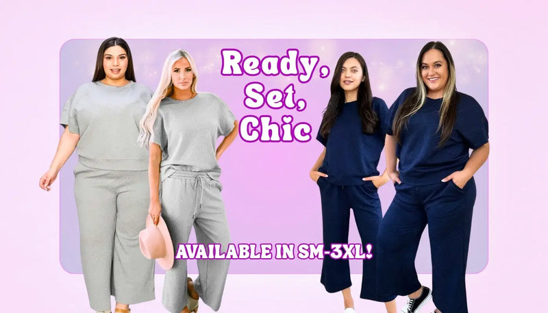 Ready, Set, Chic collection at Sweet Roo Bou featuring bold and coordinated boutique outfits in two-piece sets, sizes SM–3XL.