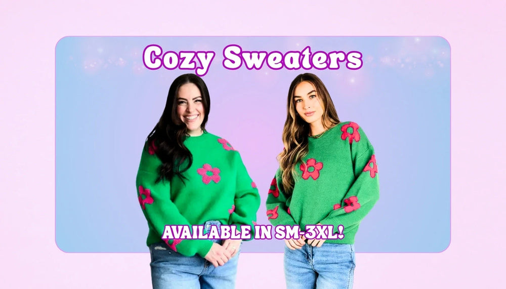Cozy Sweaters collection at Sweet Roo Bou featuring bold colors, soft textures, and boutique styles. Available in comfy fits from SM–3XL.