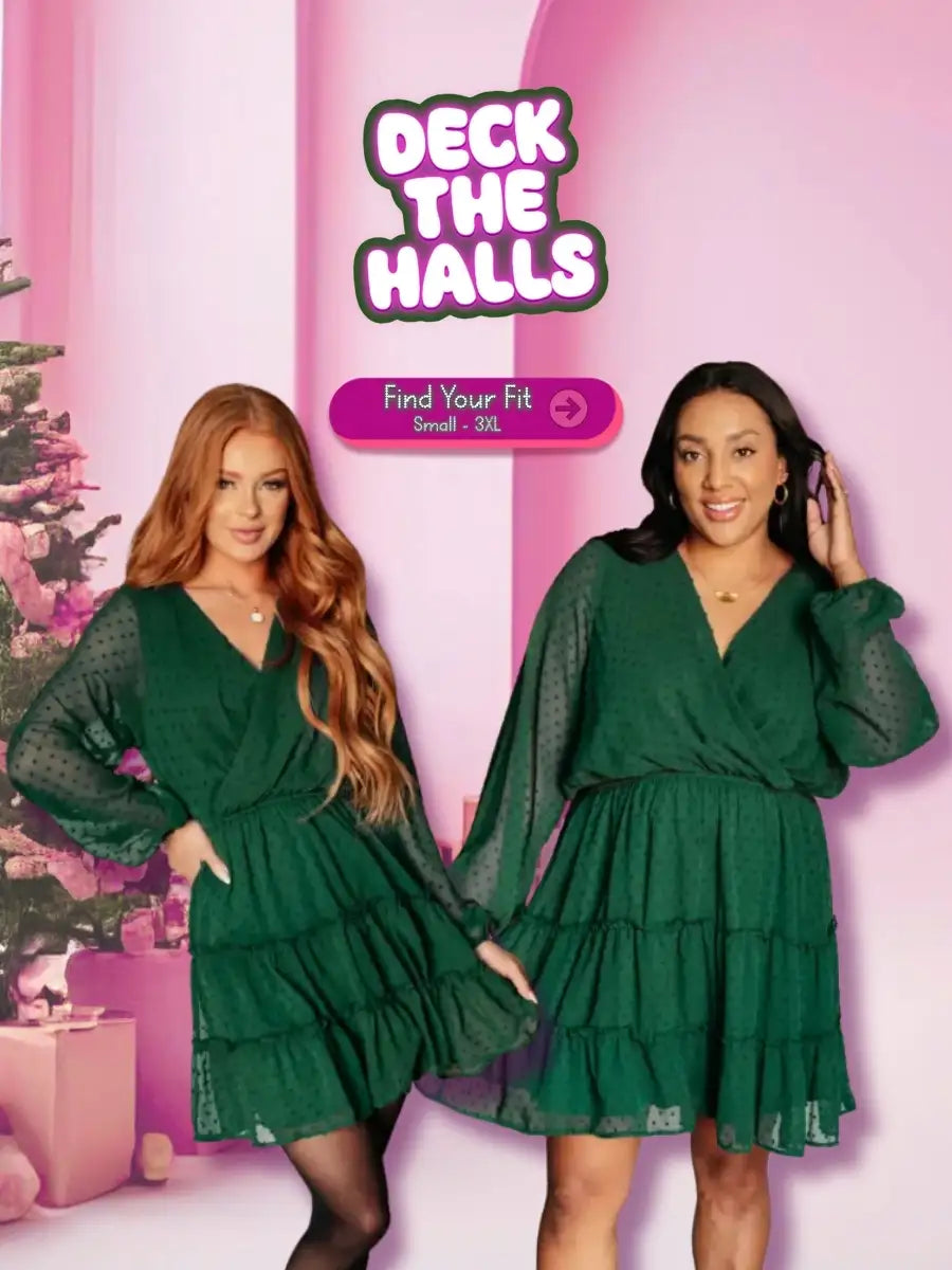 Two women wearing green dresses with a Christmas-themed background and text 'Deck the Halls'.