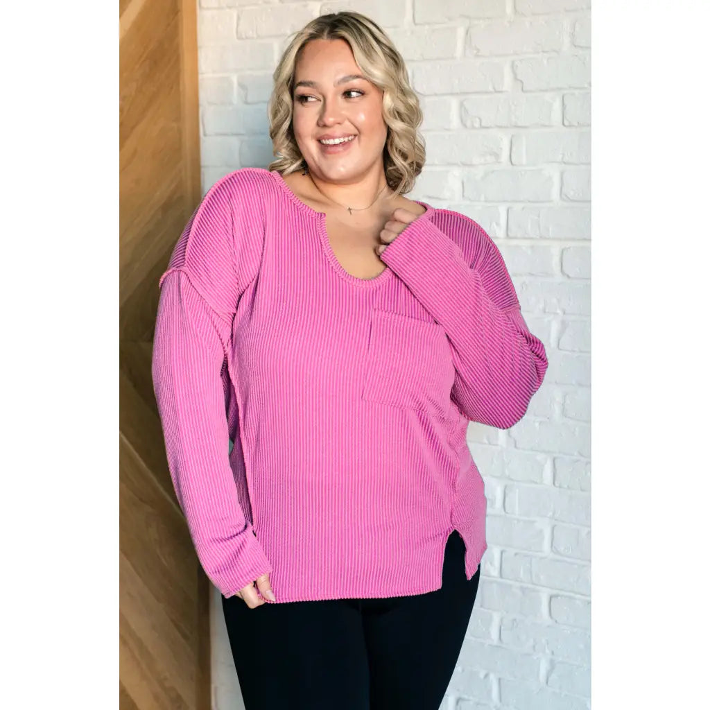 Get cozy in our A Notch Above Ribbed Knit Top Pink! This stretchy and oversized long sleeve top features a unique notch