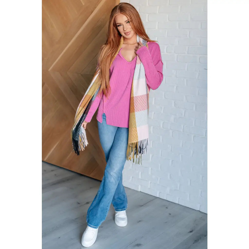 Get cozy in our A Notch Above Ribbed Knit Top Pink! This stretchy and oversized long sleeve top features a unique notch
