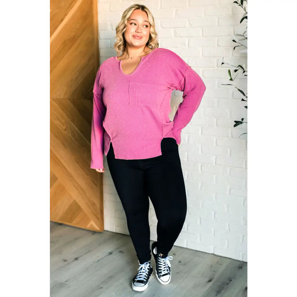 Get cozy in our A Notch Above Ribbed Knit Top Pink! This stretchy and oversized long sleeve top features a unique notch