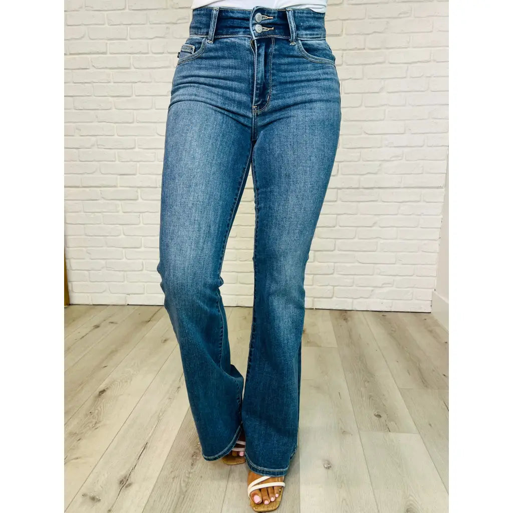 Ariana High Rise Flare Jeans with a double-button waistband & 4-way stretch perfect for flattering fit. Perfect regular
