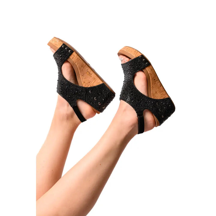 Ashley Black Rhinestone Wedge Sandals - Womens