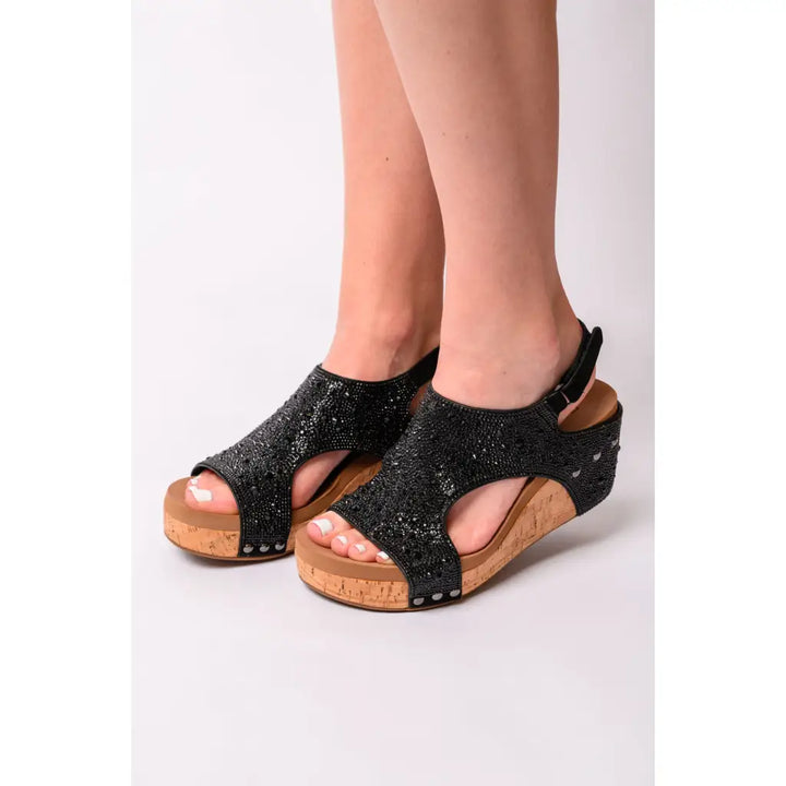 Ashley Black Rhinestone Wedge Sandals - Womens