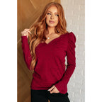 Our fabulous Ask A Question Ruched Sleeve Top will be the perfect wardrobe staple! The red jacquard knit gives