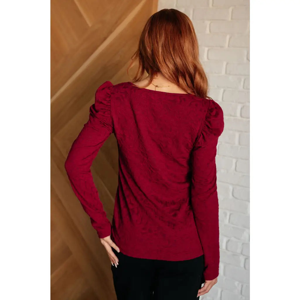 Our fabulous Ask A Question Ruched Sleeve Top will be the perfect wardrobe staple! The red jacquard knit gives