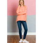 Autumn Glow high-low long sleeve tee in soft melange hacci. Plus size friendly cozy and casual chic with exposed seams.