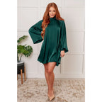 Our Back Atcha Green Mini Dress features a banded mock neckline and bell sleeves this poly satin A-line dress exudes