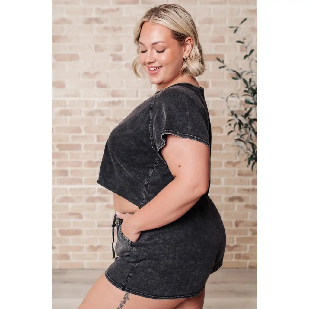 Cropped lounge set in mineral wash cotton. Soft cozy plus size friendly two-piece with drawstring shorts pockets