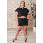 Cropped lounge set in mineral wash cotton. Soft cozy plus size friendly two-piece with drawstring shorts pockets