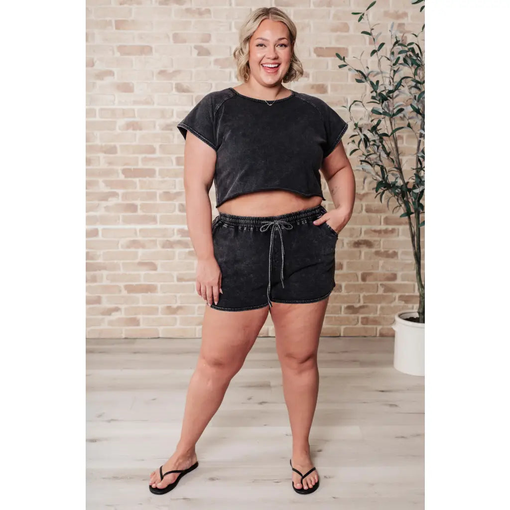 Cropped lounge set in mineral wash cotton. Soft cozy plus size friendly two-piece with drawstring shorts pockets