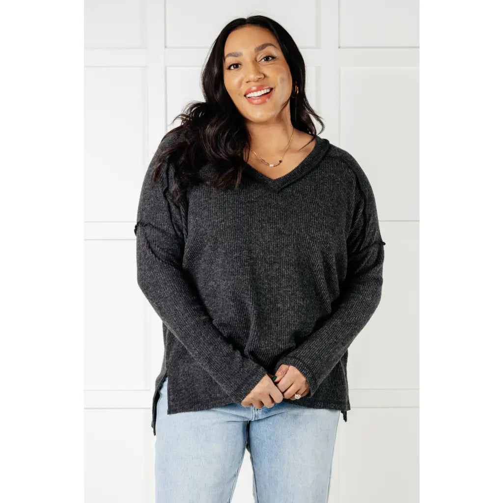 Get ready to cuddle up in our Basically Freezing Brushed Hacci Top Black! Its brushed stretchy fabric will keep