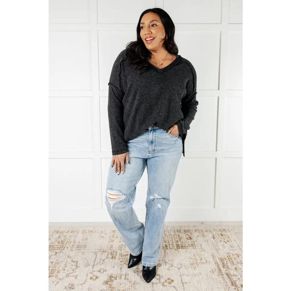 Get ready to cuddle up in our Basically Freezing Brushed Hacci Top Black! Its brushed stretchy fabric will keep