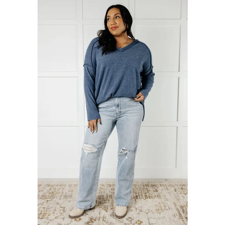 Basically Freezing V-Neck Top in Dusty Blue - Tops