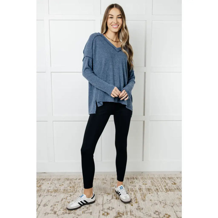 Basically Freezing V-Neck Top in Dusty Blue - Tops