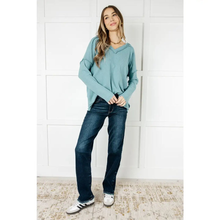 Basically Freezing V-Neck Top in Dusty Teal - Tops