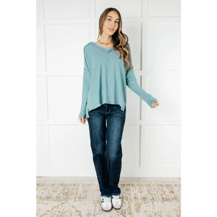 Basically Freezing V-Neck Top in Dusty Teal - Tops