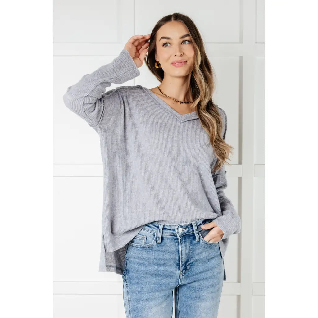 Basically Freezing V Neck Top in Heather Grey
