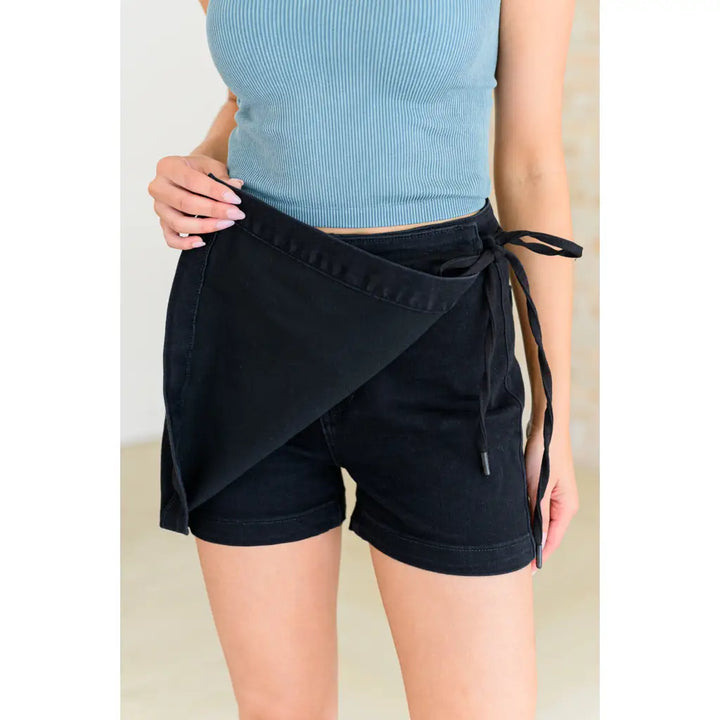 Bentli High Rise Side Tie Denim Skort in Black - Womens