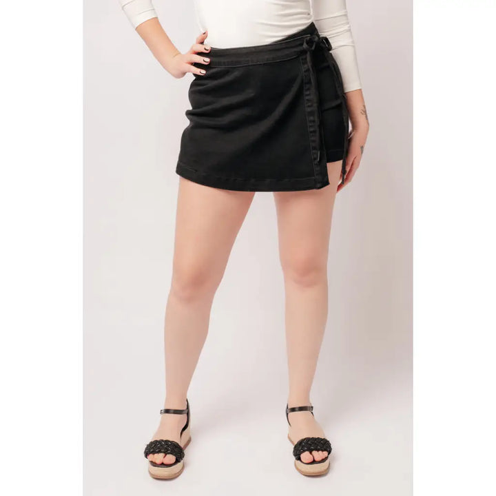 Bentli High Rise Side Tie Denim Skort in Black - Womens