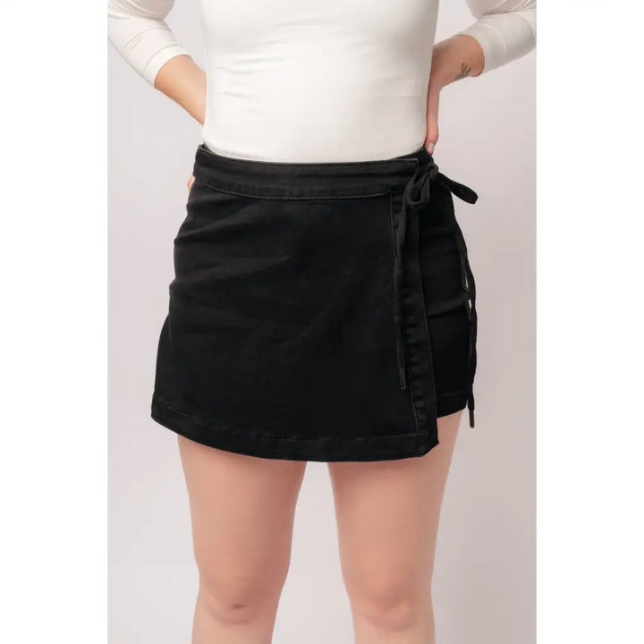 Bentli High Rise Side Tie Denim Skort in Black - Womens