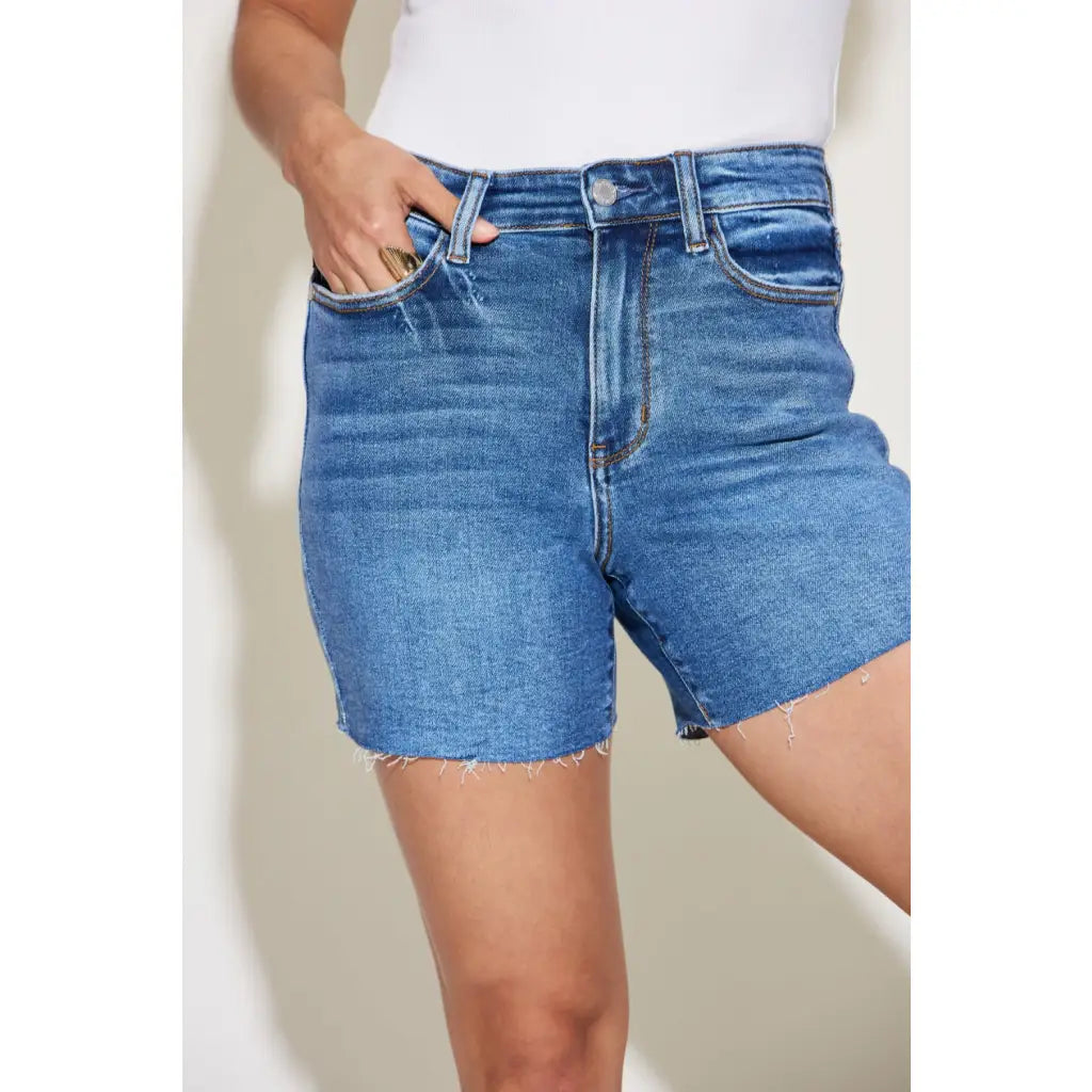 Our Best Days High Waist Denim Shorts by Judy Blue are a stylish and confident choice. With the high waisted design