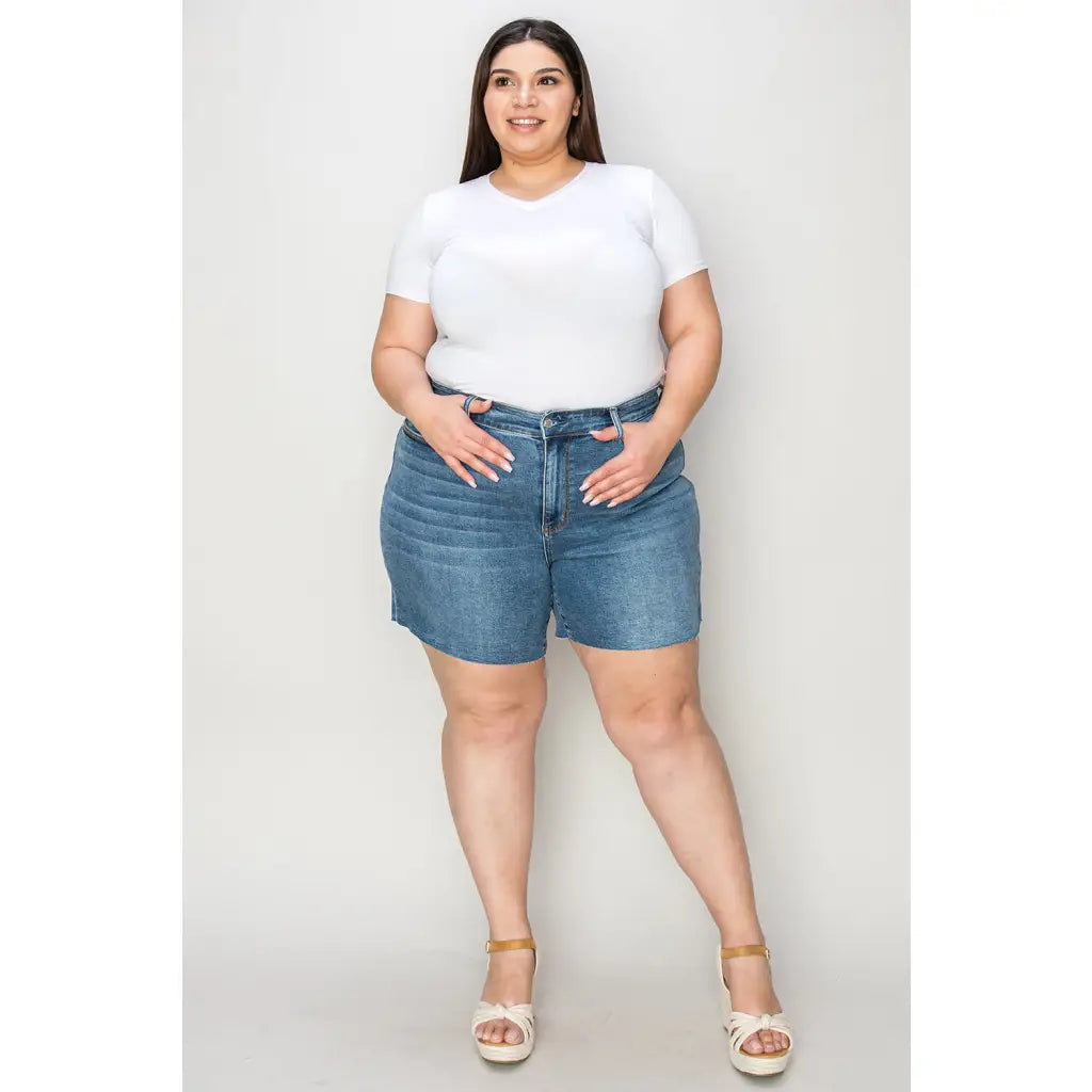 Our Best Days High Waist Denim Shorts by Judy Blue are a stylish and confident choice. With the high waisted design