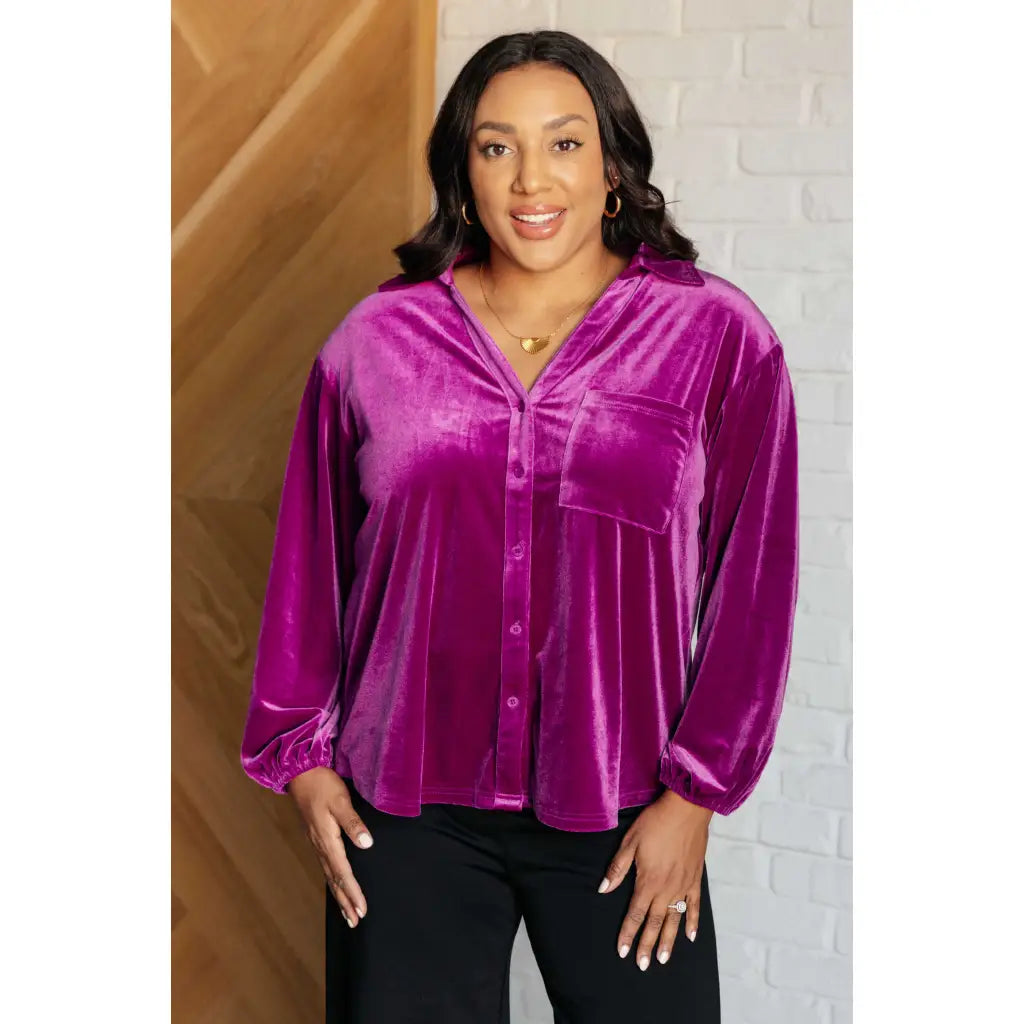 Our Best Policy Purple Velvet Top features a soft and luxurious material in an absolutely gorgeous jewel toned color.