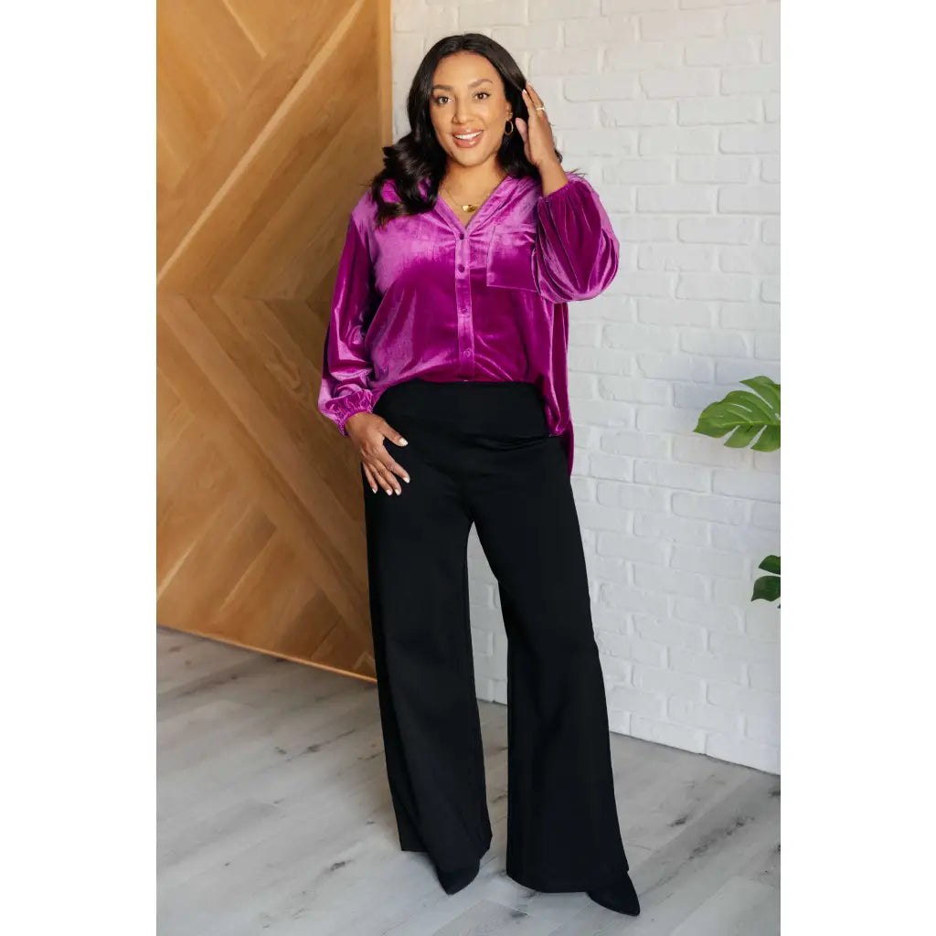 Our Best Policy Purple Velvet Top features a soft and luxurious material in an absolutely gorgeous jewel toned color.