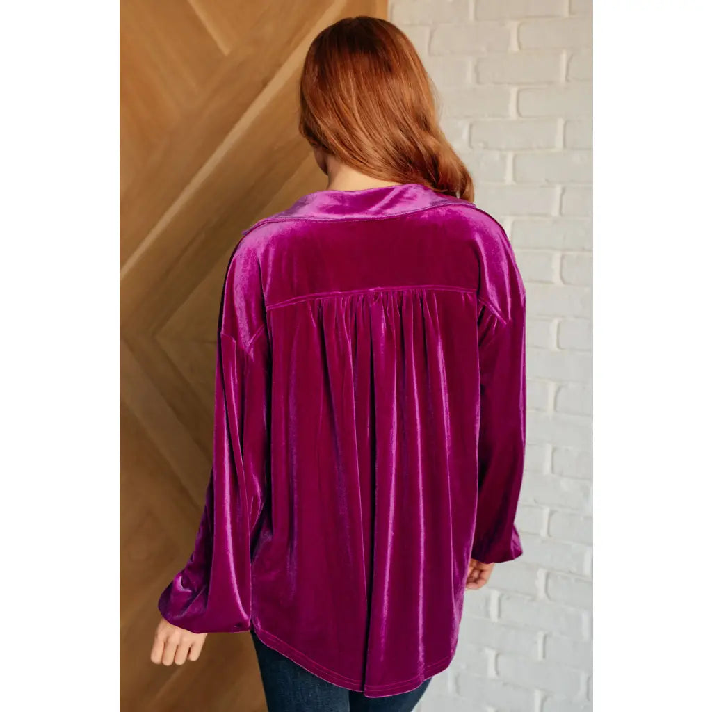 Our Best Policy Purple Velvet Top features a soft and luxurious material in an absolutely gorgeous jewel toned color.
