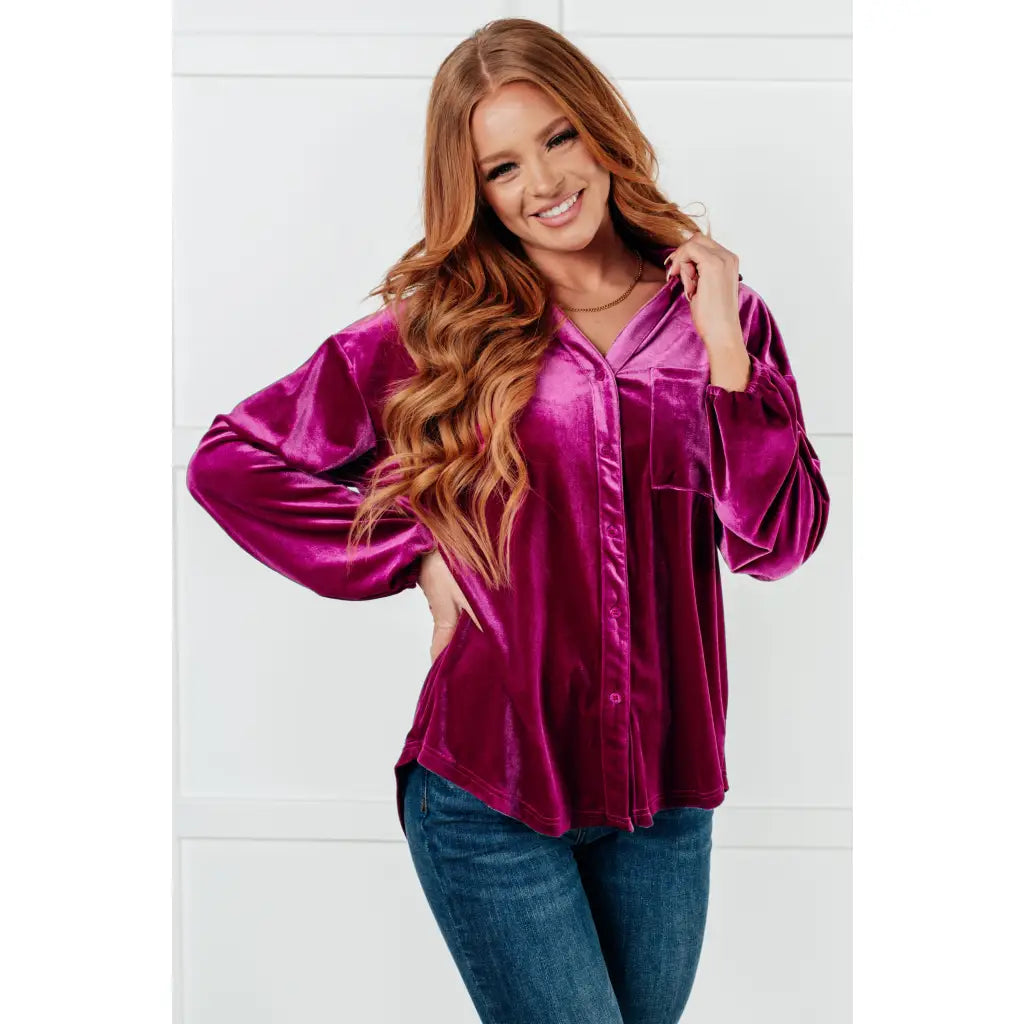 Our Best Policy Purple Velvet Top features a soft and luxurious material in an absolutely gorgeous jewel toned color.