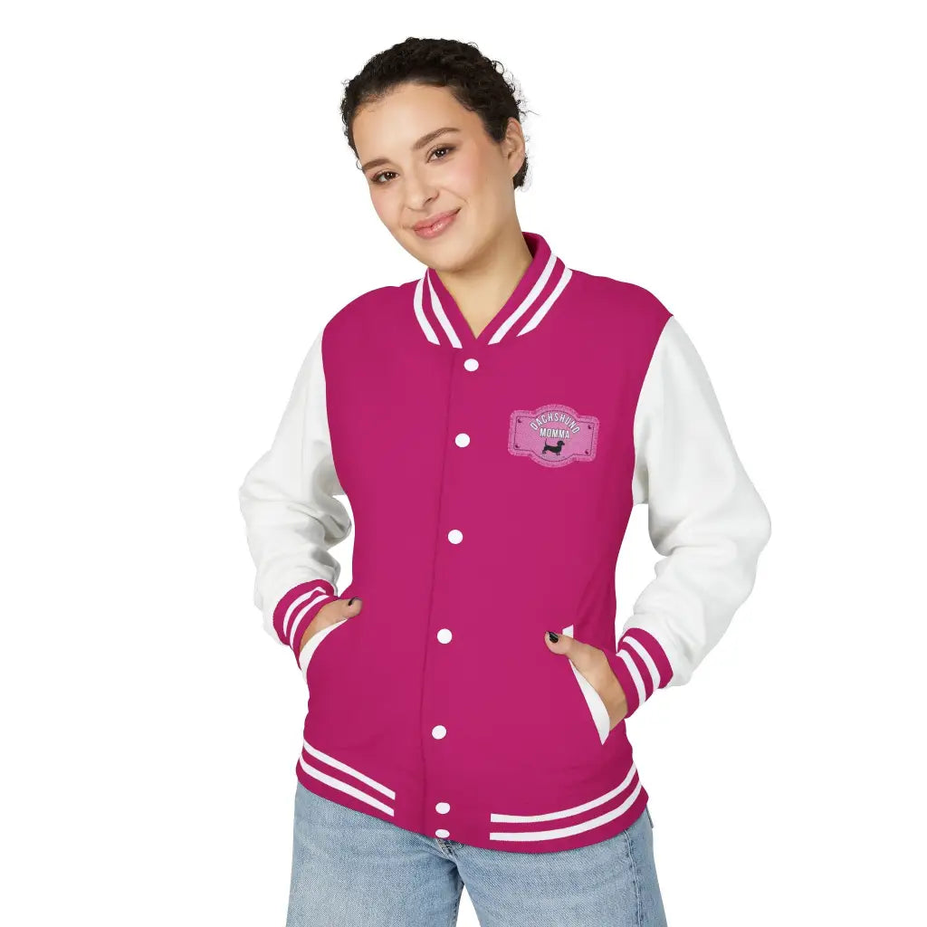 Varsity-style jacket with dachshund mom printed patch. Hot pink or black unisex fit and cozy fall boutique vibes