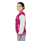 Varsity-style jacket with dachshund mom printed patch. Hot pink or black unisex fit and cozy fall boutique vibes