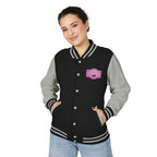 Varsity-style jacket with dachshund mom printed patch. Hot pink or black unisex fit and cozy fall boutique vibes