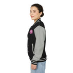 Varsity-style jacket with dachshund mom printed patch. Hot pink or black unisex fit and cozy fall boutique vibes