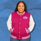 Varsity-style jacket with dachshund mom printed patch. Hot pink or black unisex fit and cozy fall boutique vibes