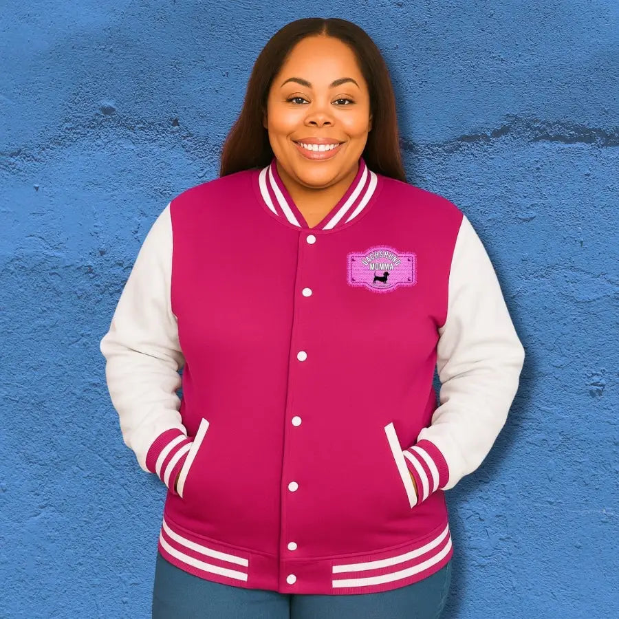 Varsity-style jacket with dachshund mom printed patch. Hot pink or black unisex fit and cozy fall boutique vibes