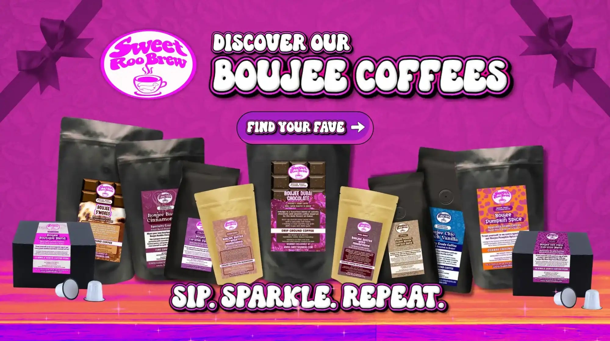 Promotional image of various coffee packages with a purple background and 'Sweet Roo Brew' branding.