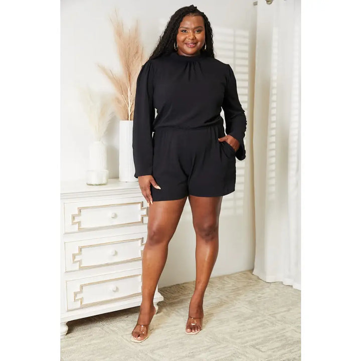 Black Open Back Romper with Pockets - romper