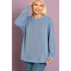 Blue Haze ribbed long sleeve top with round neckline. Plus size friendly cozy and casual light stretch. Perfect
