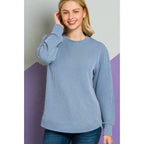 Blue Haze ribbed long sleeve top with round neckline. Plus size friendly cozy and casual light stretch. Perfect
