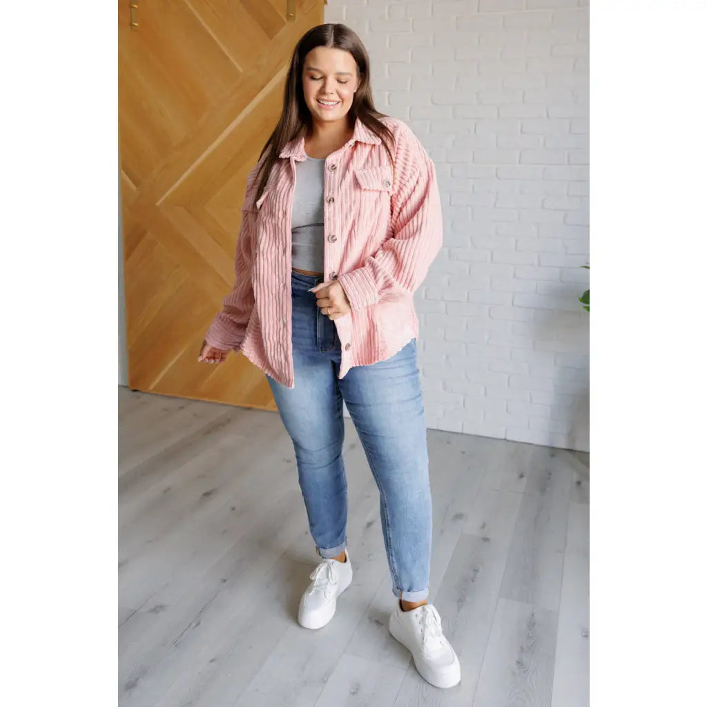 Our Blush Pink Soft Corduroy Shacket is sure to be your new go-to for layering style! The wide ribbed corduroy detail