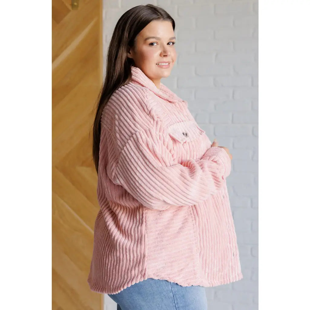 Our Blush Pink Soft Corduroy Shacket is sure to be your new go for layering style! The wide ribbed corduroy detail