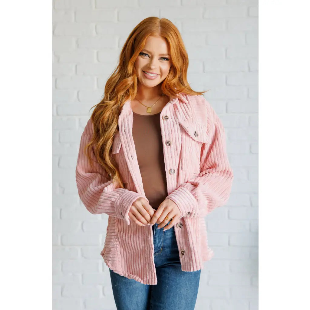 Our Blush Pink Soft Corduroy Shacket is sure to be your new go-to for layering style! The wide ribbed corduroy detail